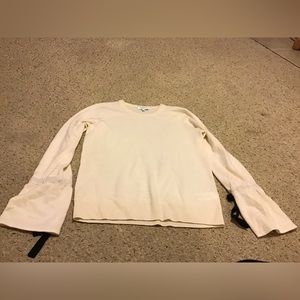 EQUIPMENT FEMME SZ M CASHMERE SWEATER W BELL SLEEVES BLK TIE SMALL HOLE GUC